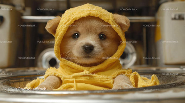 Small Puppy Wearing Yellow Hooded Sweatshirt