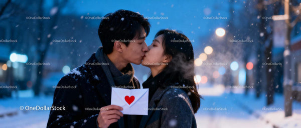 Couple sharing a tender kiss with love letter in snow
