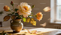 Delicate Yellow Roses with Dew in Rustic Vase