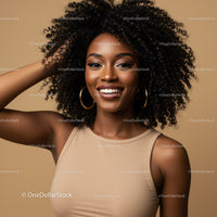 Vibrant Black Woman with Curly Hair and Gold Hoop Earrings Portrait