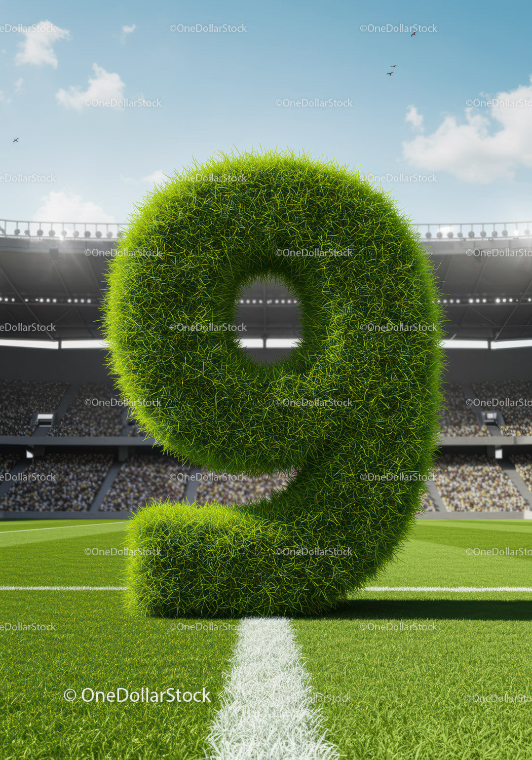 Large Grass Number Nine Standing on Soccer Field Line