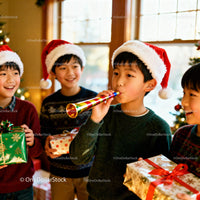 Children in Santa Hats Celebrating with Gifts and Party Horns