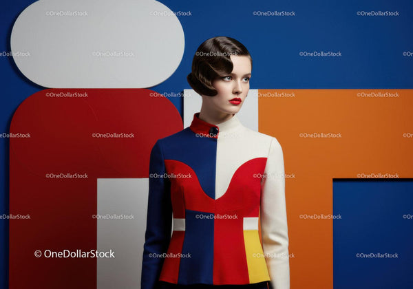 Woman in geometric colorblock jacket on vibrant background