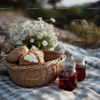 Outdoor Picnic with Fresh Baked Bread and Honey Jars in Sunlight