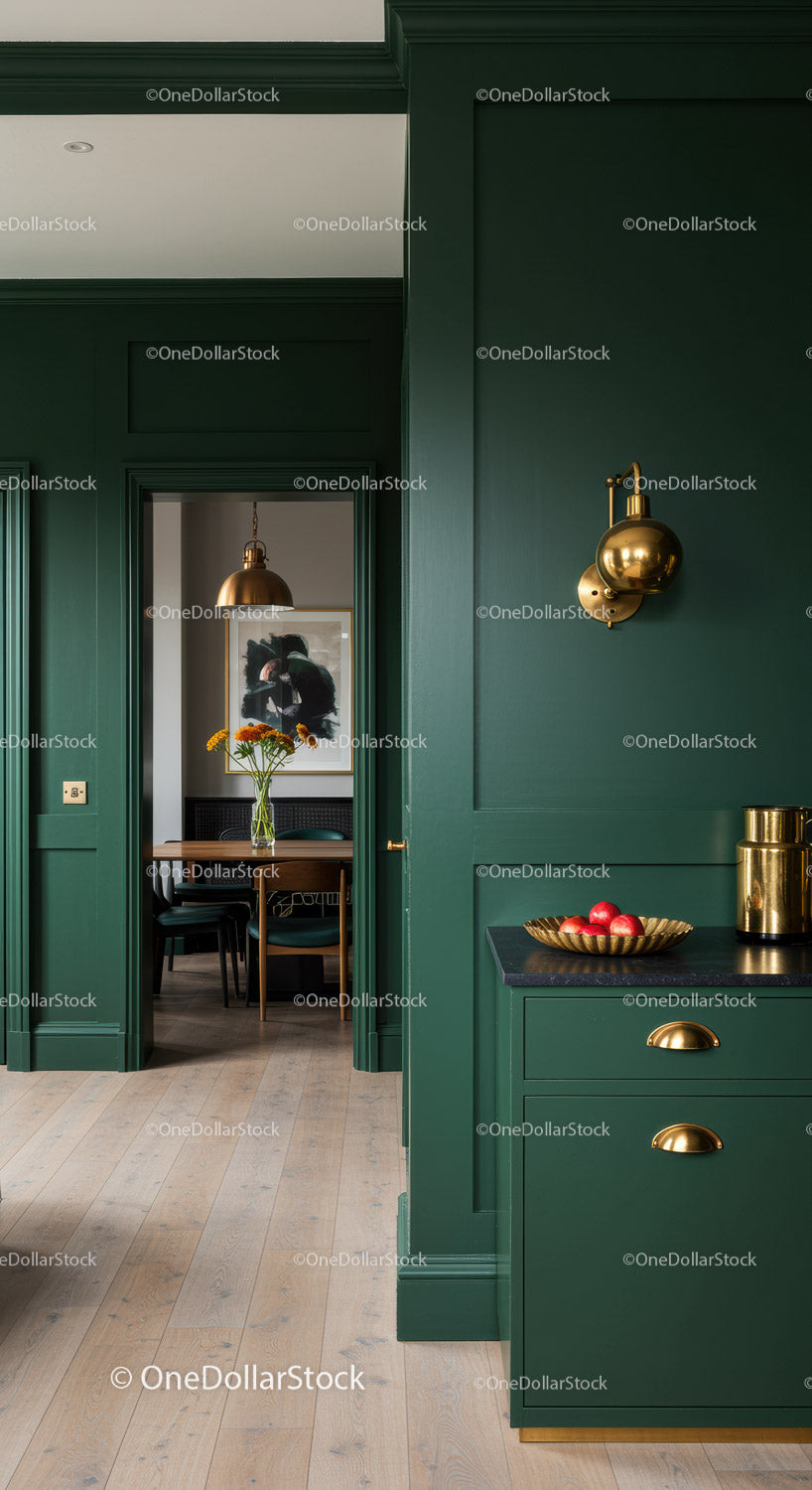 Elegant Green Living Space with Gold Accents and Modern Decor