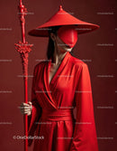 Elegant Woman in Red Dress with Accessories Against Red Background