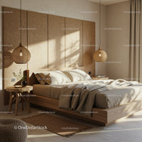 Cozy modern bedroom with natural wood and woven textures