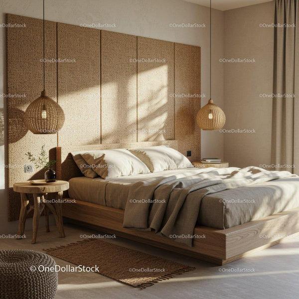 Cozy modern bedroom with natural wood and woven textures