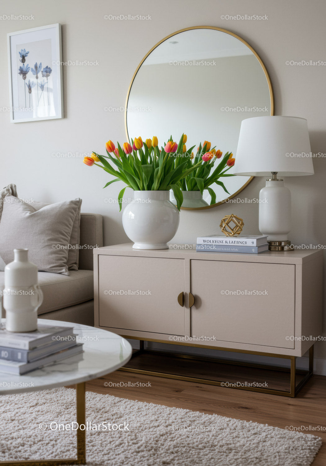 Elegant Home Interior with Tulip Flower Arrangement and Modern Decor