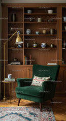 Cozy green velvet armchair in elegant library corner