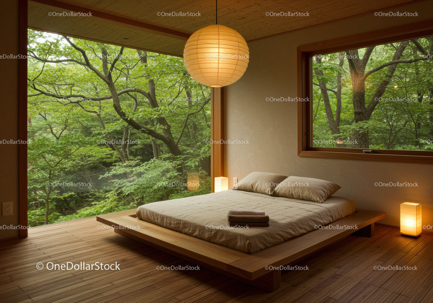 Minimalist bedroom with large forest view windows