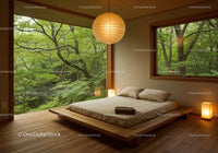 Minimalist bedroom with large forest view windows