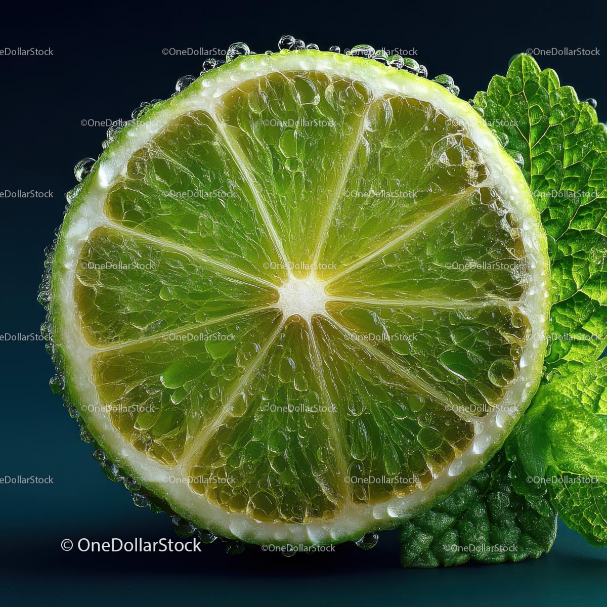 Close-Up of Fresh Lime with Mint Leaf and Water Droplets