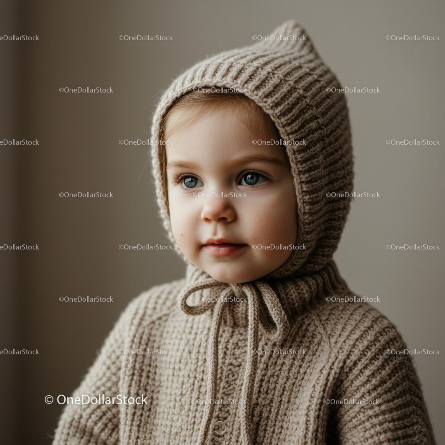 Toddler in cozy knitted bonnet and sweater