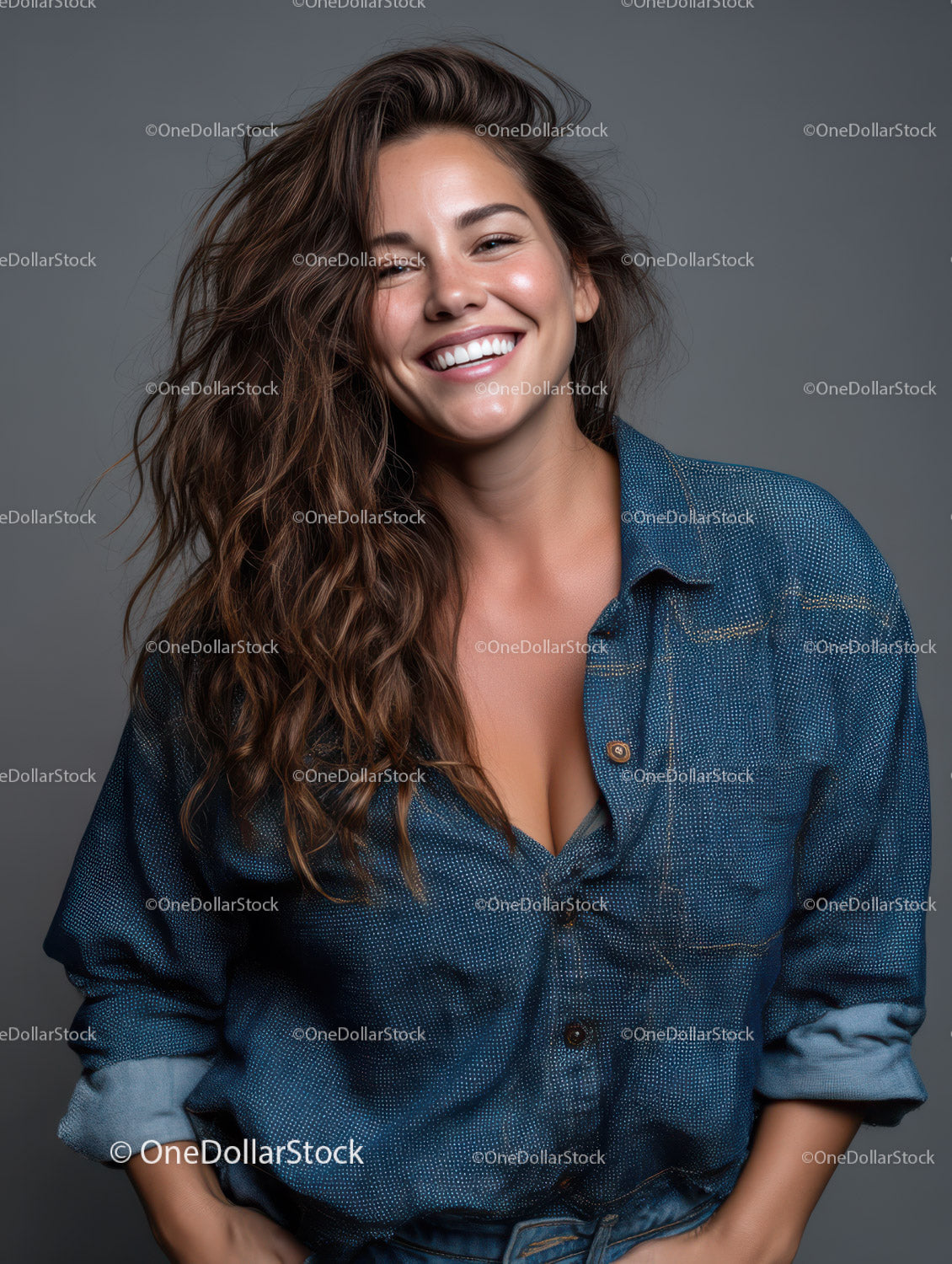 Smiling Woman with Curly Hair Wearing Denim Shirt