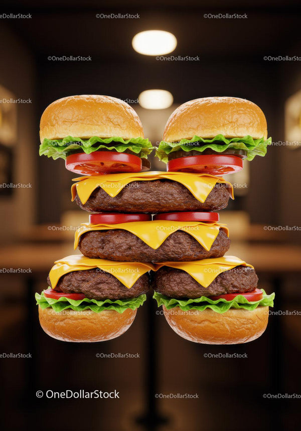 Four cheeseburgers stacked in a symmetrical arrangement