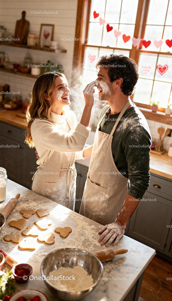 Couple Playfully Baking Heart Cookies at Home Kitchen
