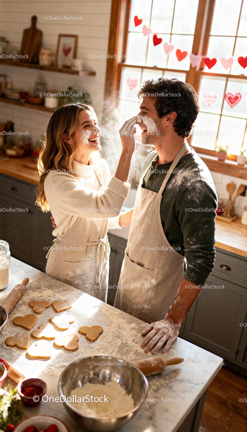 Couple Playfully Baking Heart Cookies at Home Kitchen