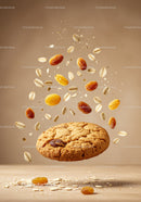 Oatmeal cookie with flying raisins and oats