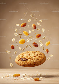 Oatmeal cookie with flying raisins and oats