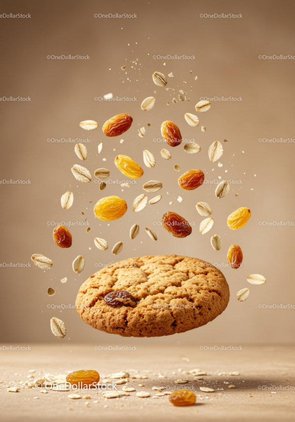 Oatmeal cookie with flying raisins and oats