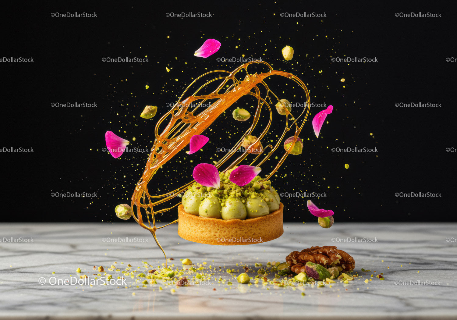 Elegancka tarta pistacjowa z karmelem i płatkami kwiatów