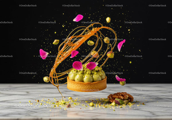 Elegant pistachio tart with caramel and flower petals