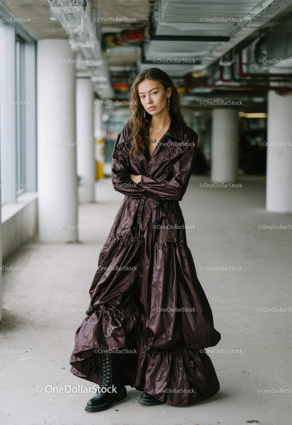 Chic Fashion Model in Dark Ruffled Dress in Urban Setting