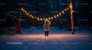 Child exploring snowy forest under warm string lights