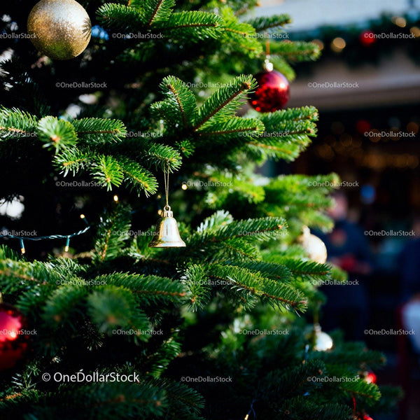 Close Up of Decorated Christmas Tree with Festive Bells