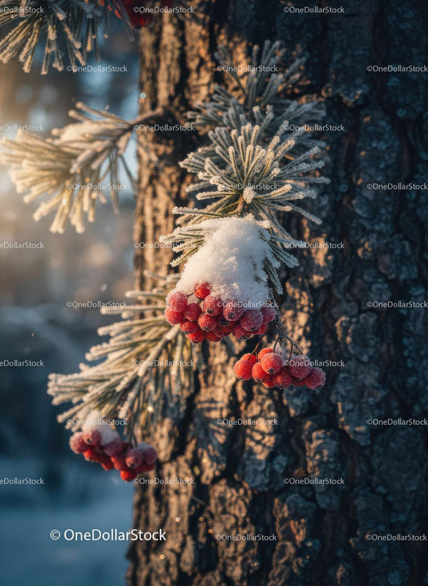 Oszronione czerwone jagody na sosnowym drzewie w zimowym słońcu