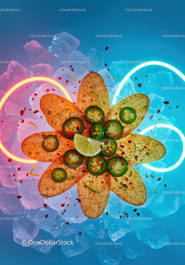 Spicy potato chips with jalapeno and lime on ice