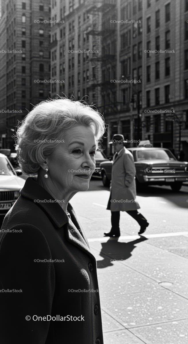 Elderly Woman in Busy City Street Surrounded by Vintage Cars