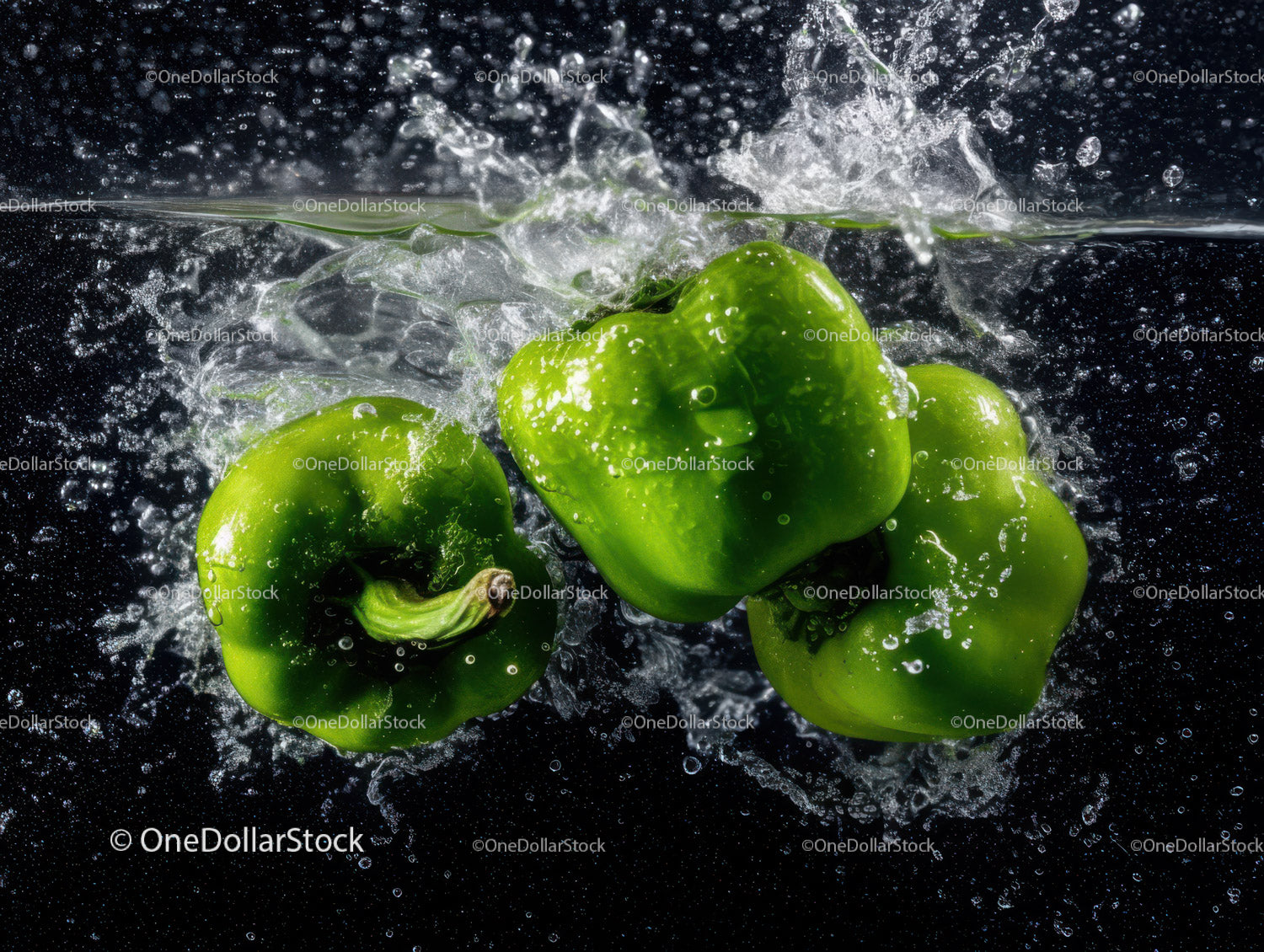 Fresh Green Bell Peppers Water Splash with Vibrant Colors