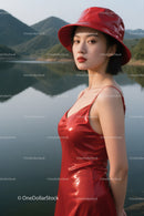 Stylish Woman in Red Satin Dress and Hat by Serene Mountain Lake