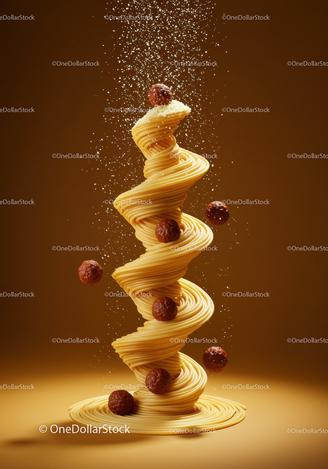 Spiral of spaghetti with meatballs and parmesan cheese