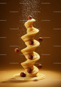 Spiral of spaghetti with meatballs and parmesan cheese