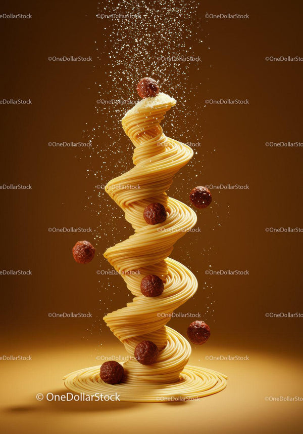 Spiral of spaghetti with meatballs and parmesan cheese