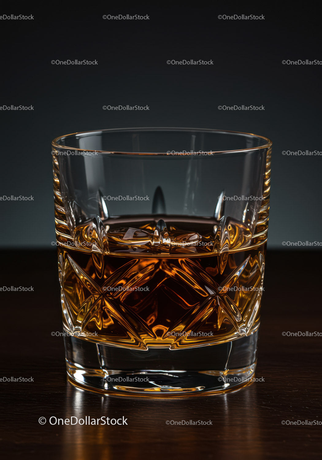 Elegant Crystal Whiskey Glass with Amber Liquor on Wooden Surface