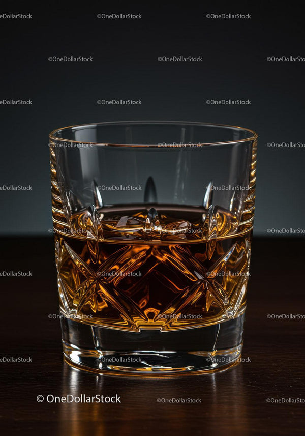 Elegant Crystal Whiskey Glass with Amber Liquor on Wooden Surface