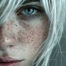 Close-up of Blue Eye with Freckles and Silver Hair in Portrait