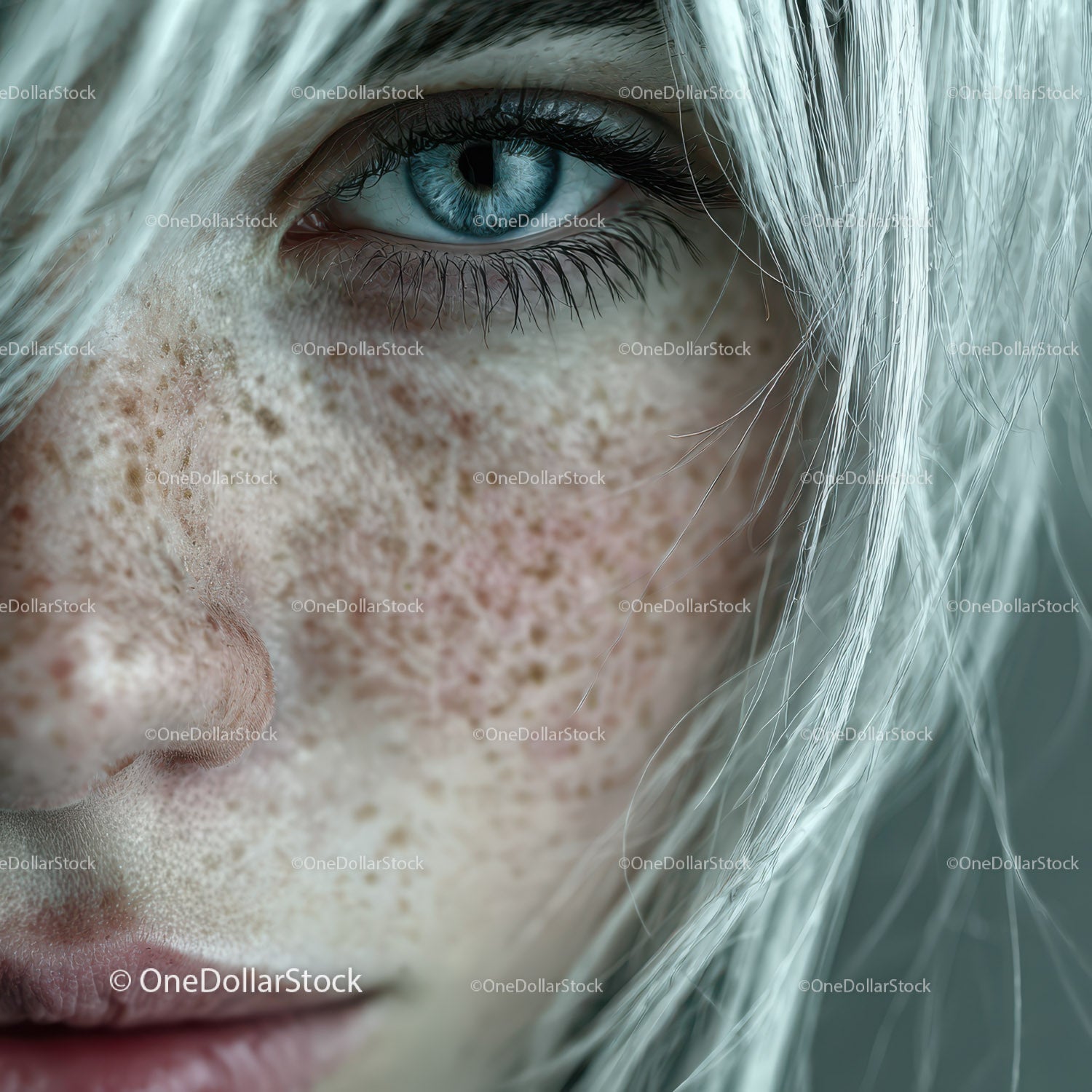 Close-up of Blue Eye with Freckles and Silver Hair in Portrait