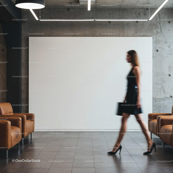 Businesswoman walking through modern office lobby JPG Mockup Image