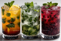 Colorful Fruit Cocktails with Mint Leaves and Ice Cubes