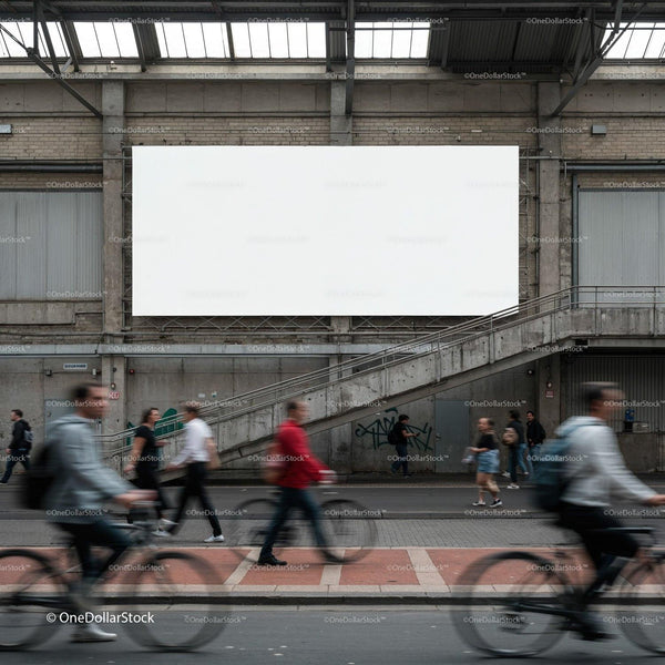 Urban commuters cycling and walking by blank billboard JPG Mockup Image