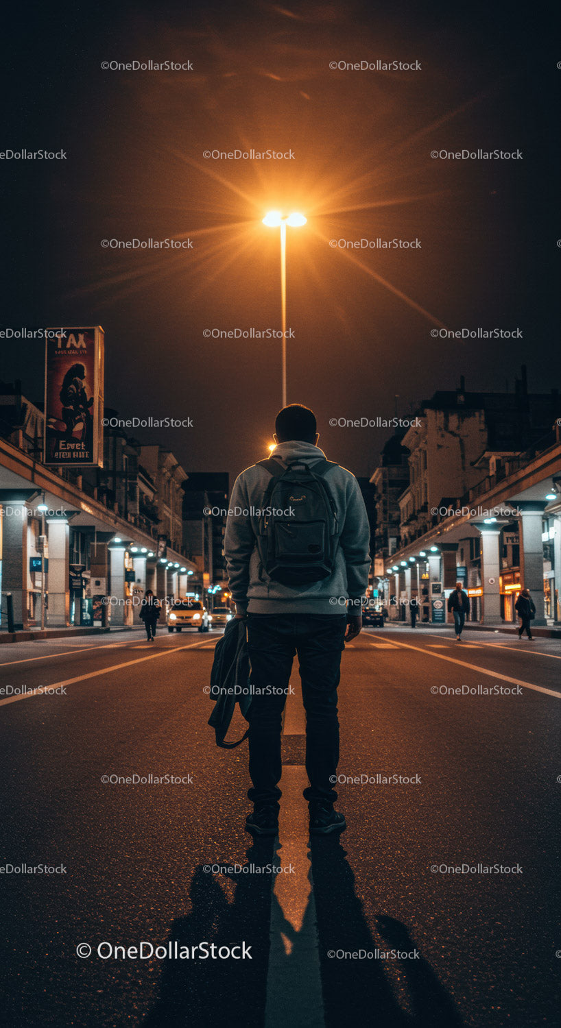 Man Standing Alone on Urban Street Under Streetlight