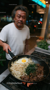 Street Food Vendor Cooking Noodles and Beef with Egg at Night