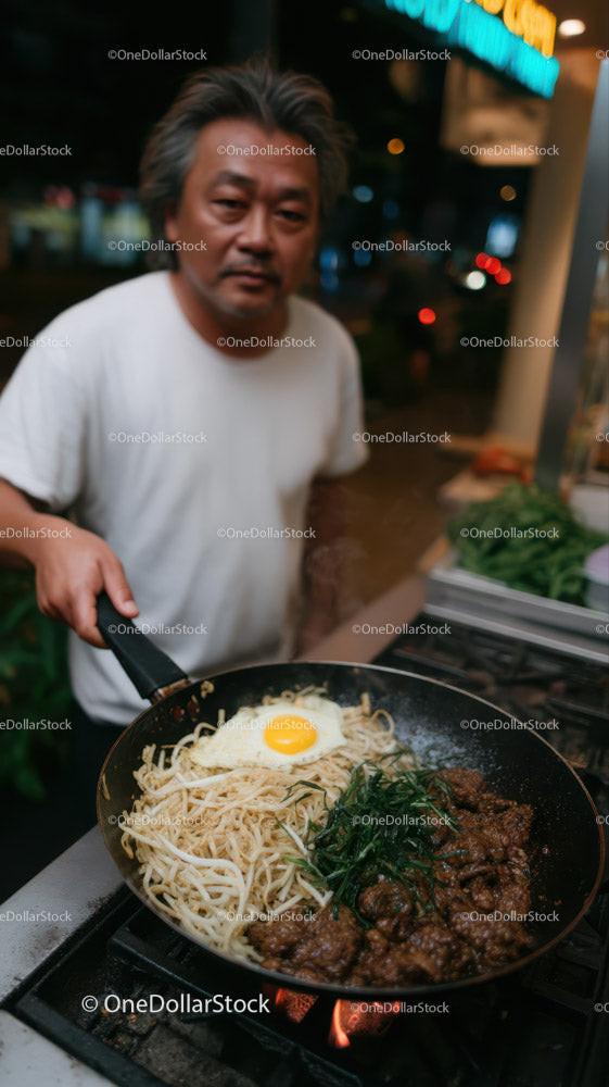 Street Food Vendor Cooking Noodles and Beef with Egg at Night