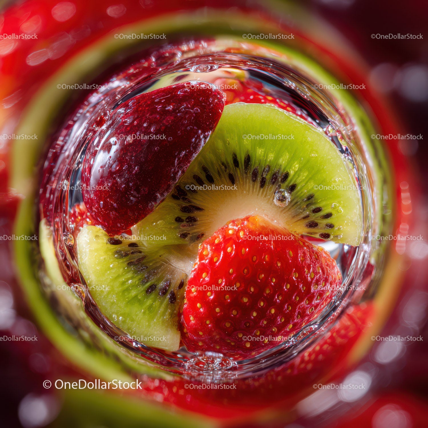 Colorful Fruit Salad with Strawberries and Kiwi in Water