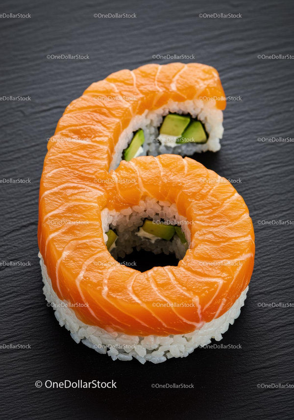 Salmon sushi roll shaped as number six on black plate